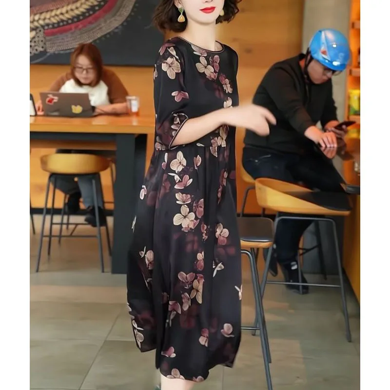 Minimalist Commuter Chiffon A-Line Dress Summer New Women's Crew Neck  Printed Elegant Aesthetic Loose Half Sleeve Midi Dress - AliExpress  200000345