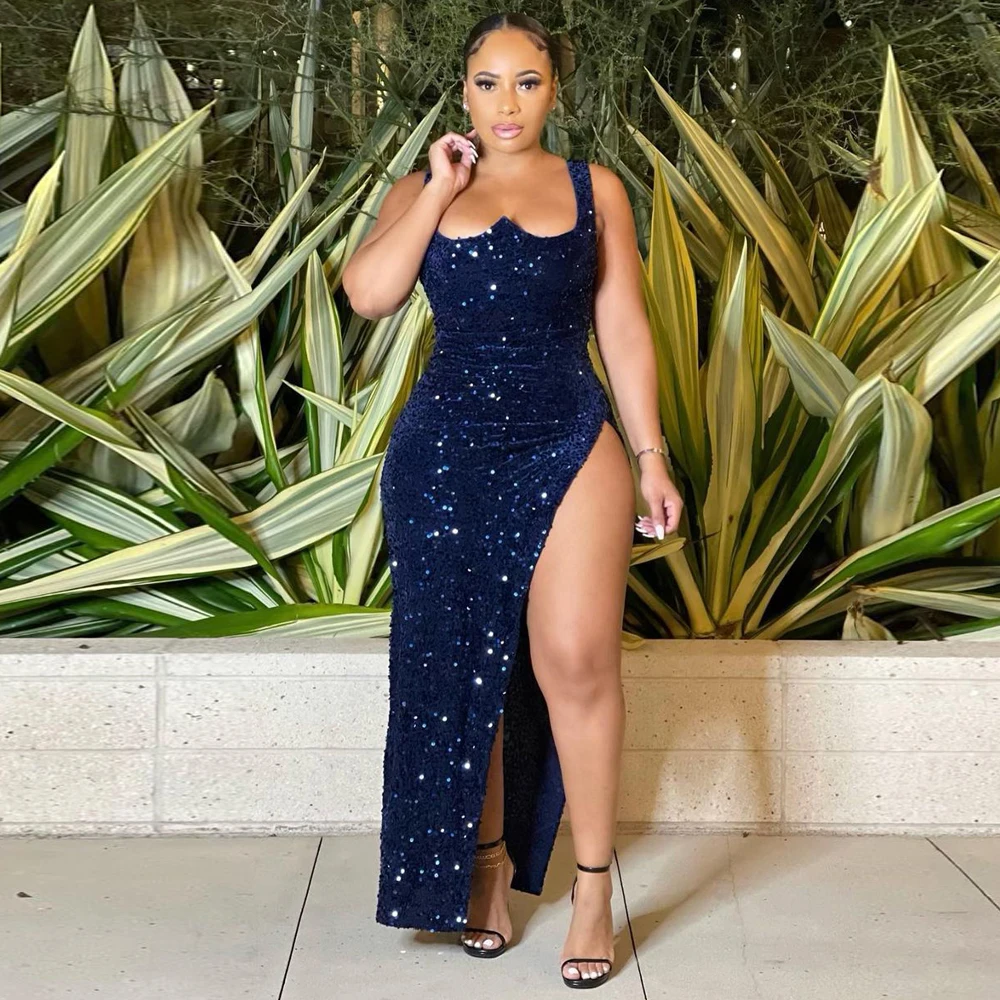

MD 2023 Summer Sleeveless Sexy Dresses African Women Night Club Long Dress Shiny Sequin Velvet Robe Party Gown Africa Clothing