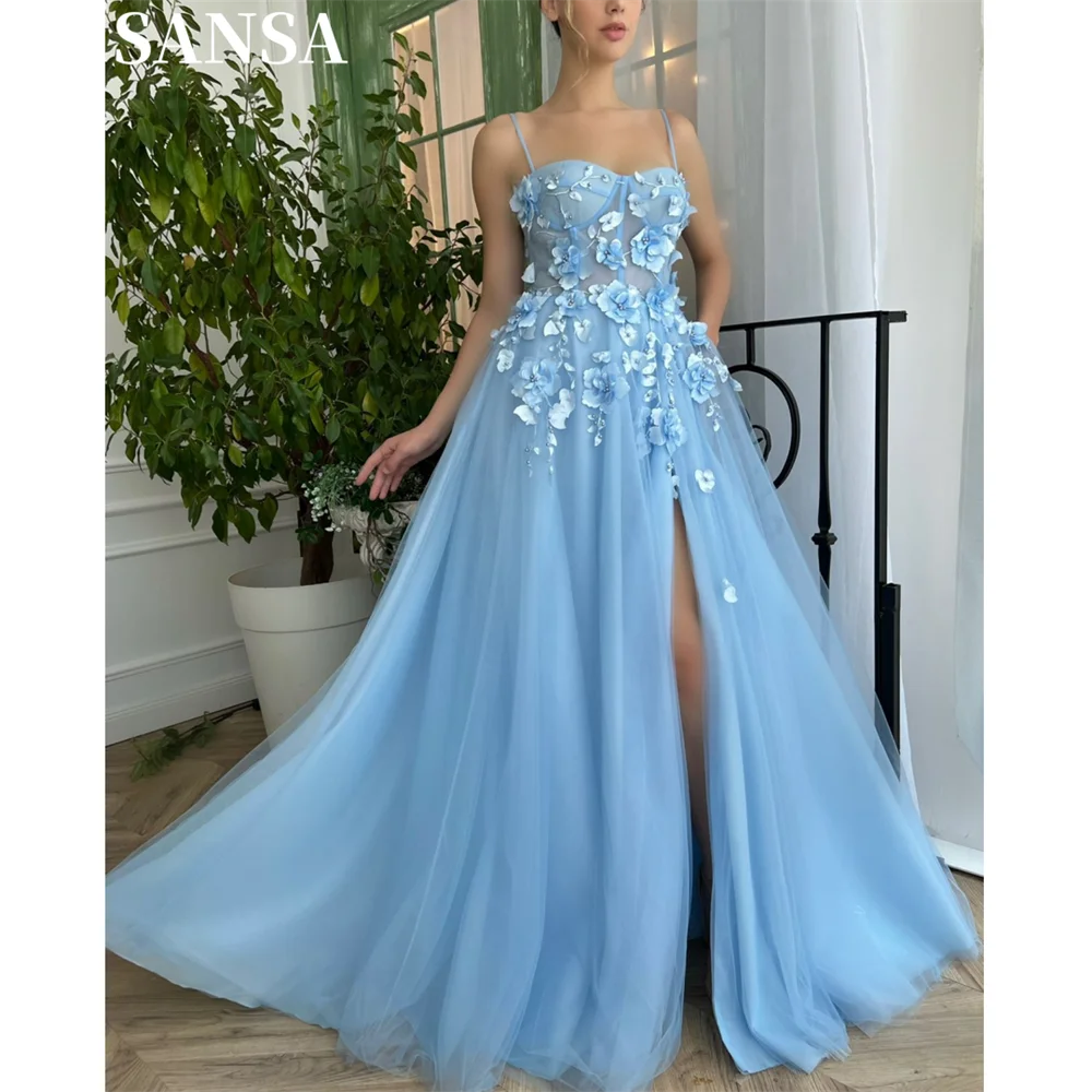 

Sansa Sweet A-line Baby Blue فساتين السهرة Princess Spaghetti Strap Vestidos De Noche Romantic 3D Flower On Chest Prom Dresses