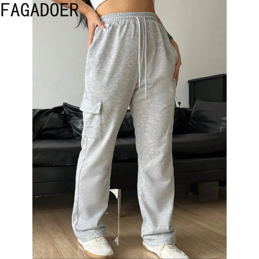 FAGADOER Autumn Casual Solid Color Pocket Jogger Pants Women High Waisted Drawstring Sweatpants Female Sporty Trousers Bottoms