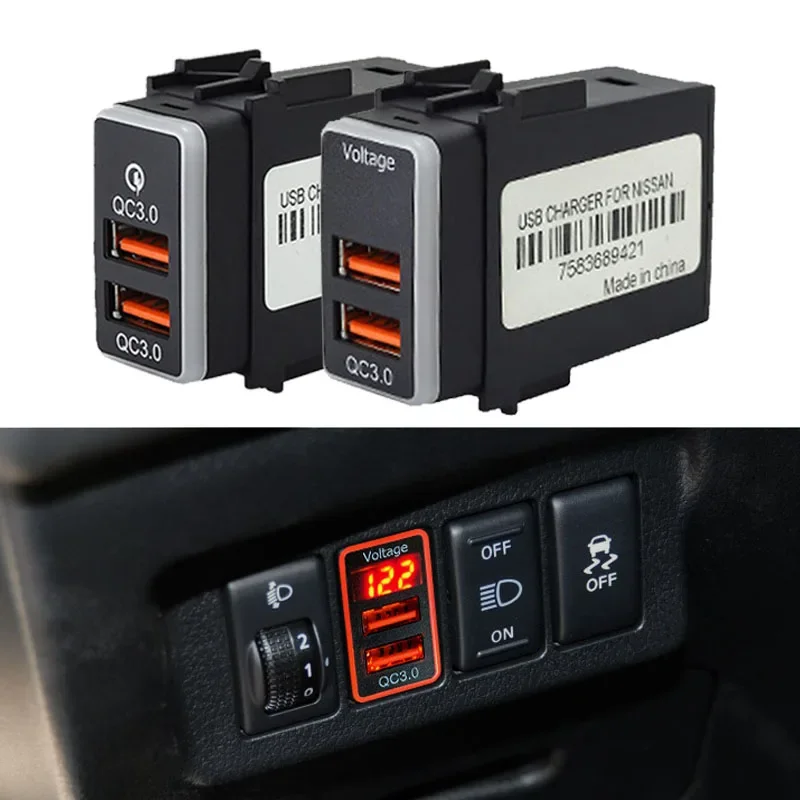 

Car Quick Charger QC3.0 Dual USB Interface Socket LED Voltage Display For Nissan Qashqai Teana Sunny Y61 Y62 X-Trail Sylphy