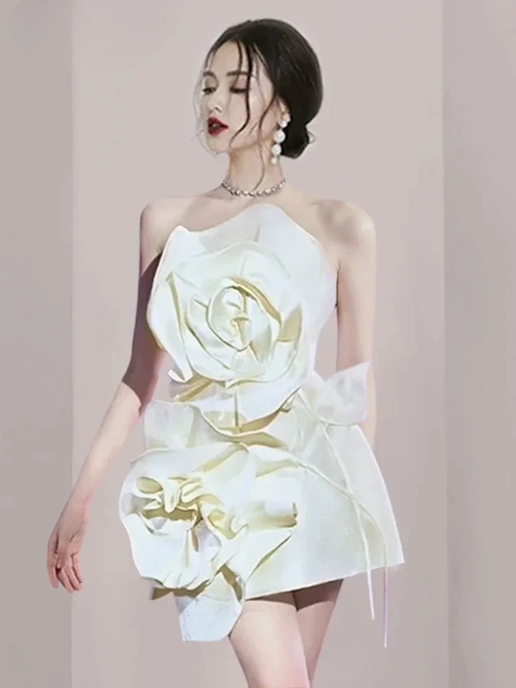 

Woman Dress White Flower Design Waist Open Back Straps Elegant Formal Style Banquet Dresses 2024 New Autumn Fashion sexy dress
