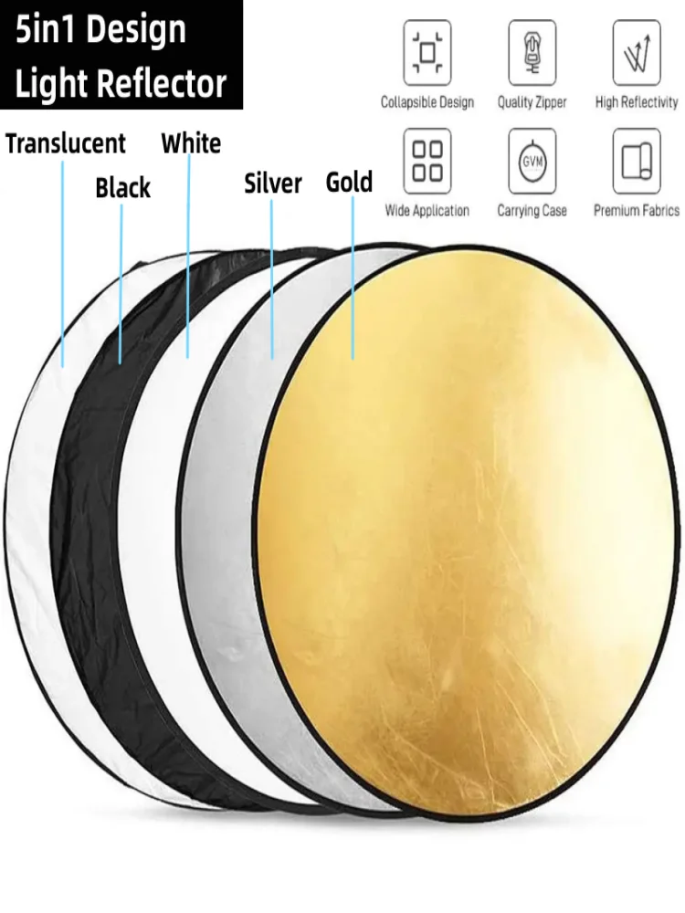 Photography Reflector 5in1 Collapsible Round Photography Reflector Photo Studio Outdoor Light Diffuser Multi-Disc 30/60/80/110cm Carry Bag