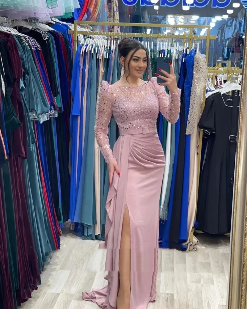 

Romantic Pink Satin Evening dresses 2024 O-Neck Sequin Beaded Long Sleeves Mermaid Satin Modest Prom Party Gown Robe De Soirée