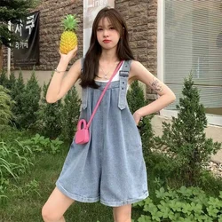 Curled Jeans Suspenders Shorts For Women's Summer New Cool And Cute Little Wide Leg Student Loose Jumpers