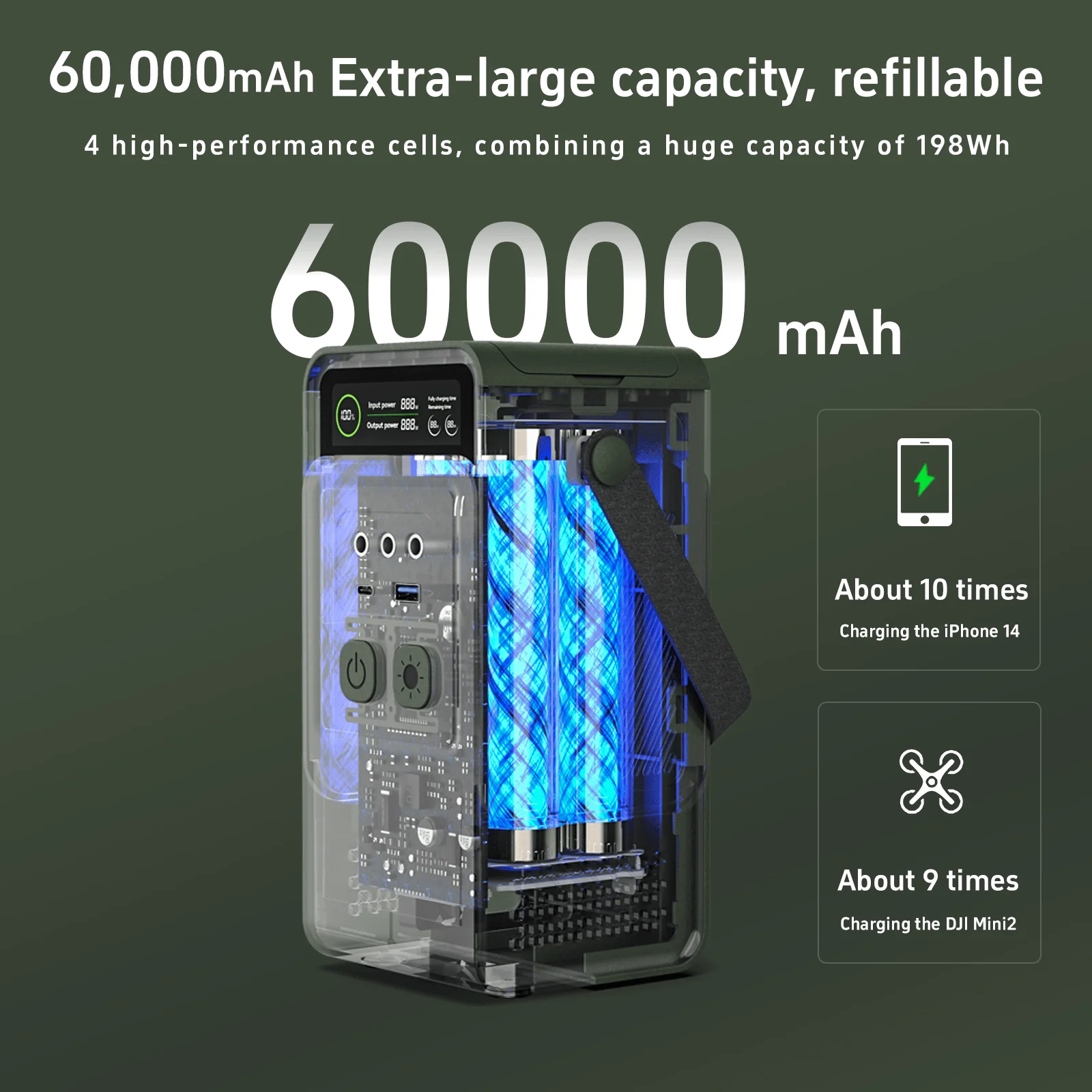 UAPOW 60000mAh 200W 휴대용 파워스테이션 (드론 캠핑, CPAP용 12V/18V/24V DC 포트 포함)