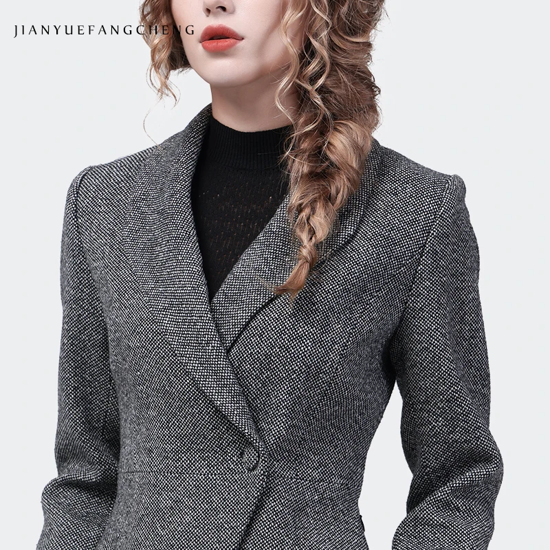 Elegant Suit Collar Women' Grey Woolen Blazer Slimming Short Female Autumn Winter Jackets Fashion Office Ladies Working Coat 3