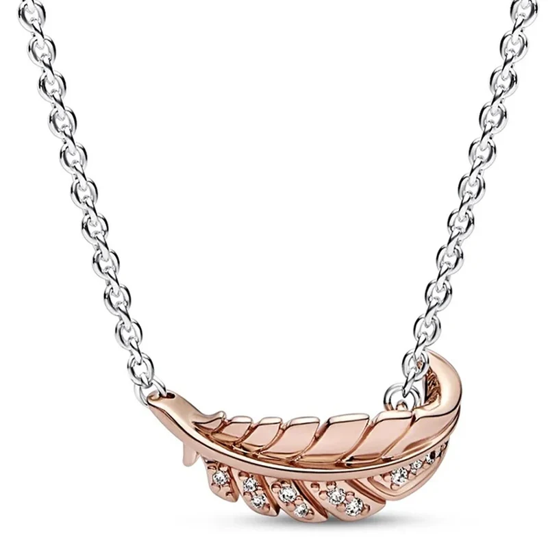 

100% 925 Sterling Silver Two-tone Floating Curved Feather Collier Necklace Fit Original Fashion Charm Trendy Diy Jewelry