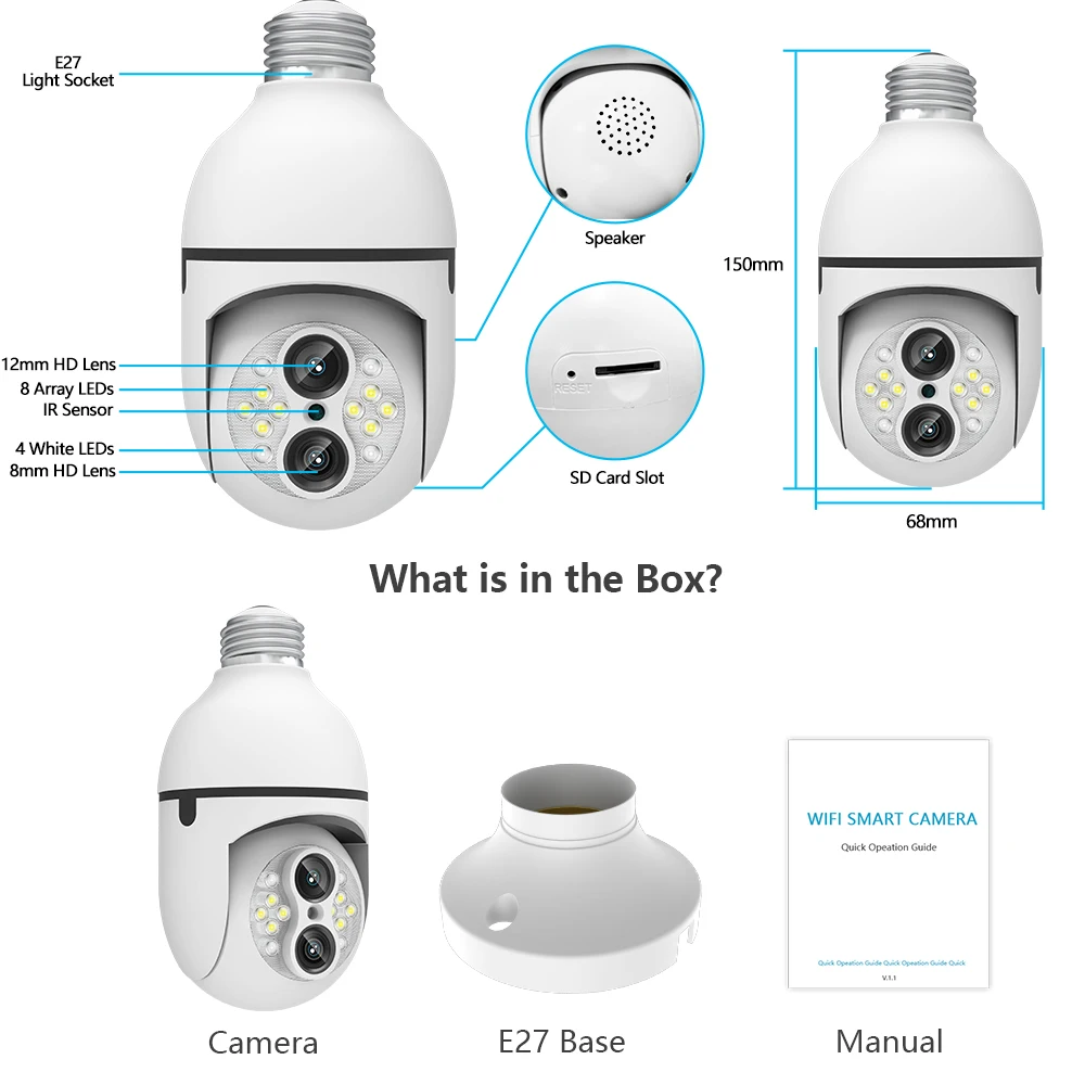 4MP Bulb Security Camera 2.4GHz 360° 2K Security Wireless Outdoor