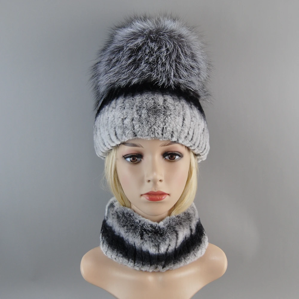 Women Natural Real Rex Rabbit Fur Ring Cap Real Fur Scarves Hats Winter Lady Brand Hand Make Silver Fox Hat Scarf