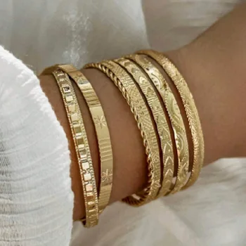7 pçs/set retro ouro esculpido coração hexágono estrela torções geométrica abertura pulseira conjunto feminino manguito pulseira moda jóias 1