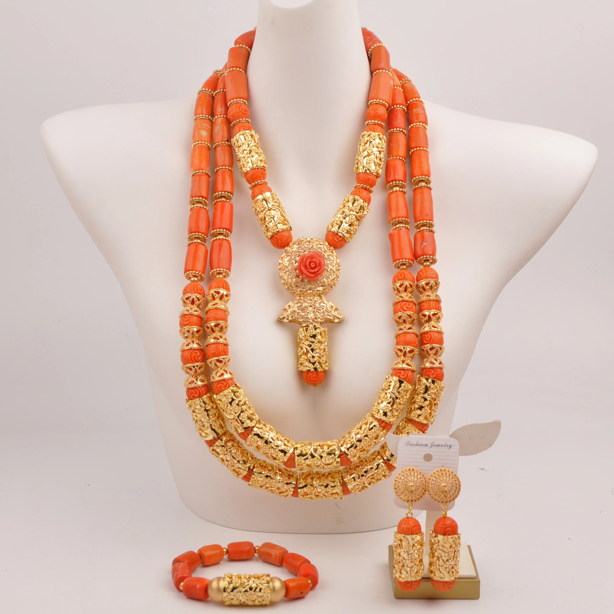 Orange Nigerian Coral Beads African Bridal Jewelry Sets