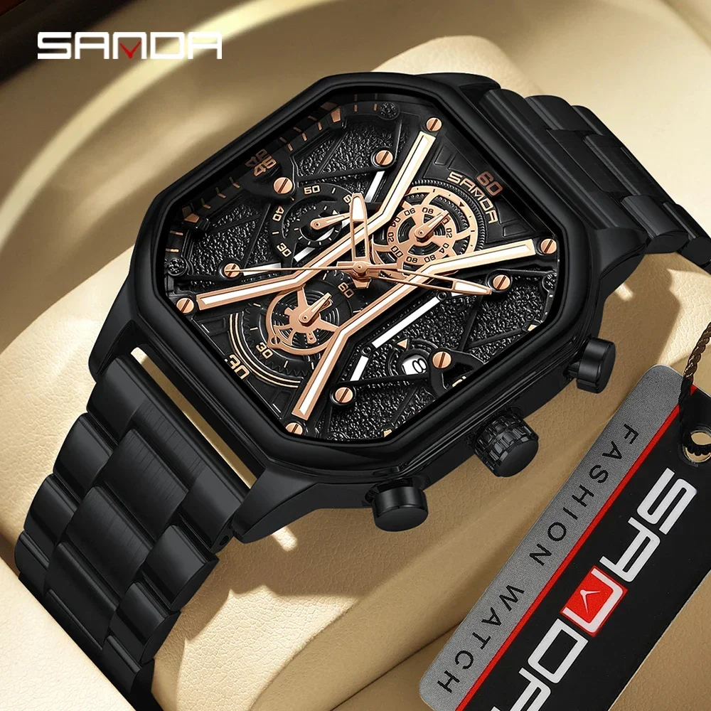 

SANDA 7057 Luxury Watch Business Waterproof Male Clock Luminous Date Stainless Steel Square Quartz Men Wristwatches Reloj Hombre