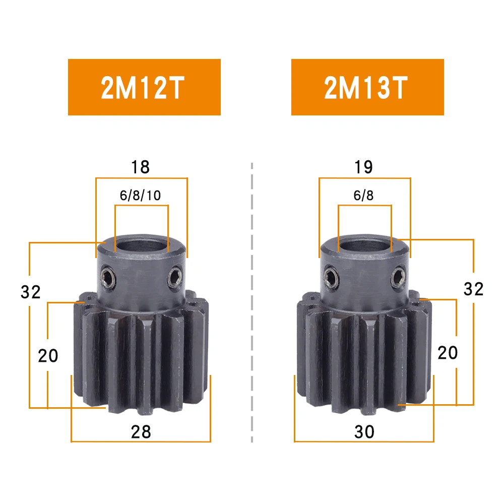 스퍼 기어 2 모듈-12T/13T 보어 크기 6/8/10mm 변속기 기어 흑화 SC45 탄소강 재질 치아 높이 20mm