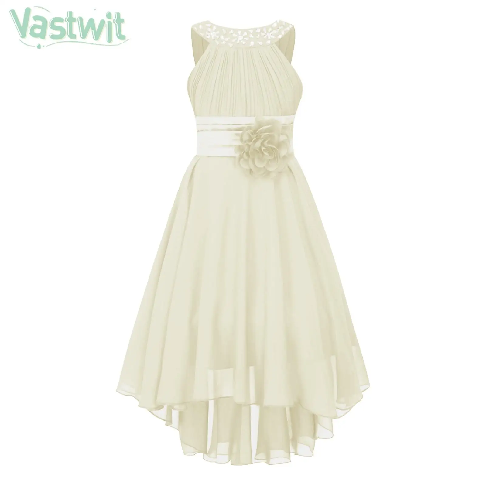 

Children Girls Sleeveless Party Dress Ruched Shiny Beaded Hi-low Hem Flower Chiffon Princess Dress for Wedding Birthday Evening