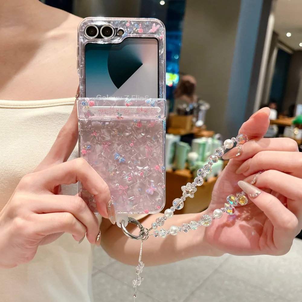 Elegant Floral Wrist Chain Shell Case with Beaded Bracelet - Premium Shockproof Acrylic Cover