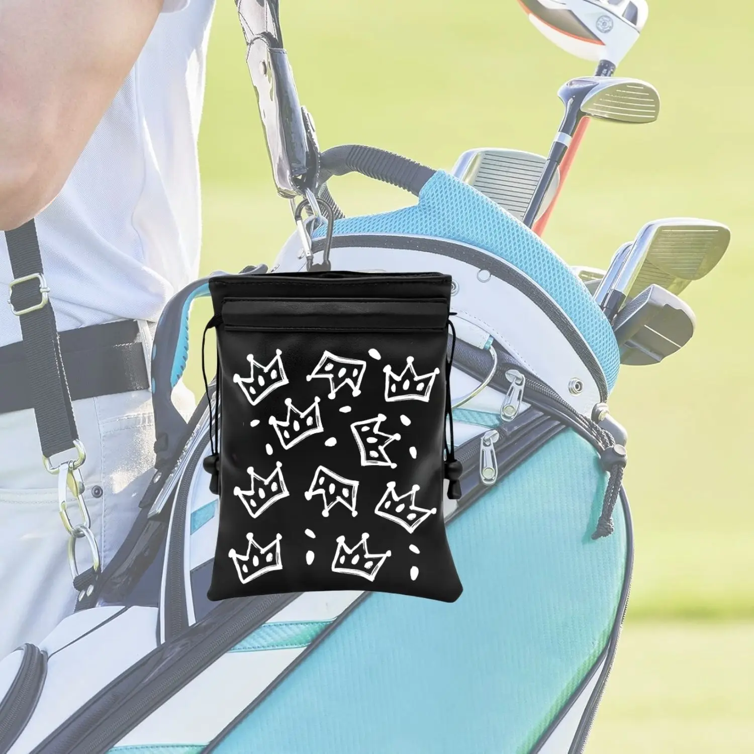 Crown Golf Wertsachen-Tasche, Lustige Golf-Wertsachen-Beutel mit Golf-Tee-Muster, PU-Leder Golf-Tee-Beutel mit Kordelzugverschluss – Detail 8