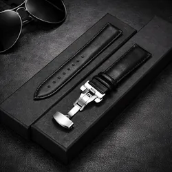 Premium Leather Watchband with Butterfly Clasp - Available in 20mm & 22mm Sizes - 22mm (Black)