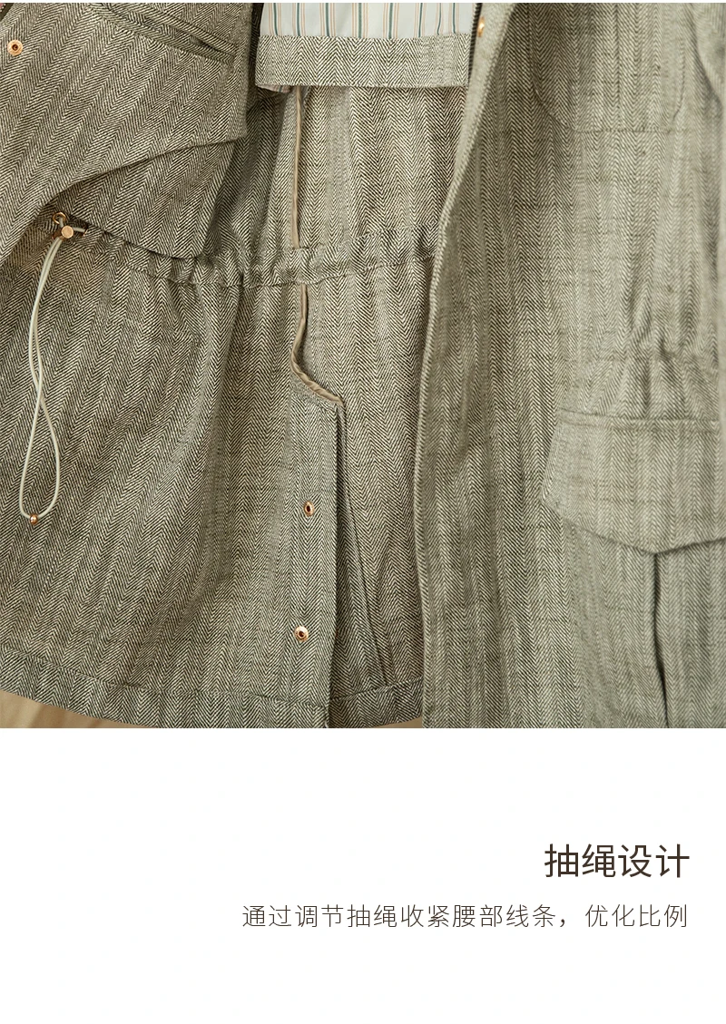 Baumwolle und Leinen, vertikaler Kragen, enge Taille, M65-Jagdjacke, Retro-All-Match-Frühlings- und Sommer-leichte Freizeitjacke – Detail 6