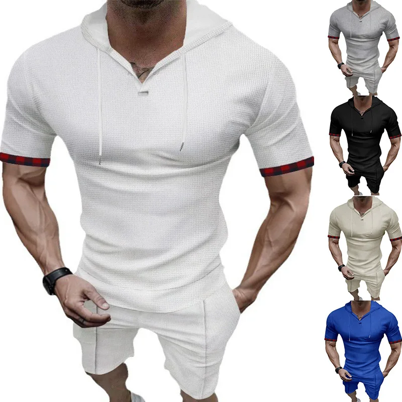 

2024 Summer New Men's Set Heavyweight Waffle Hooded Short Sleeve Shorts Casual Sports Set for Men