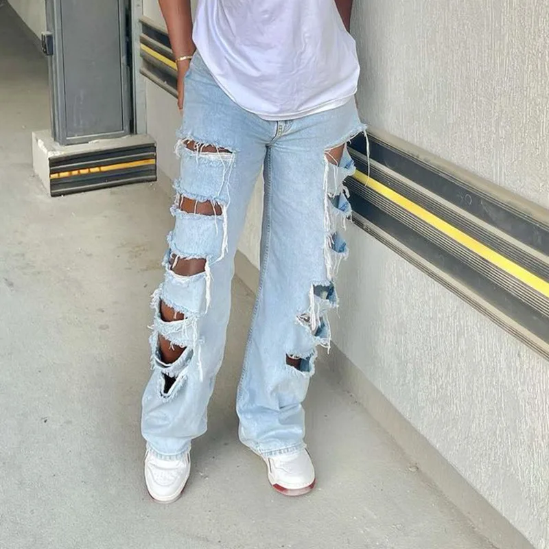 

Women's Jeansladies High Street Summer Ins Net Red New Side Ripped Raw Edge Jeans Women's Straight Pants Trousers