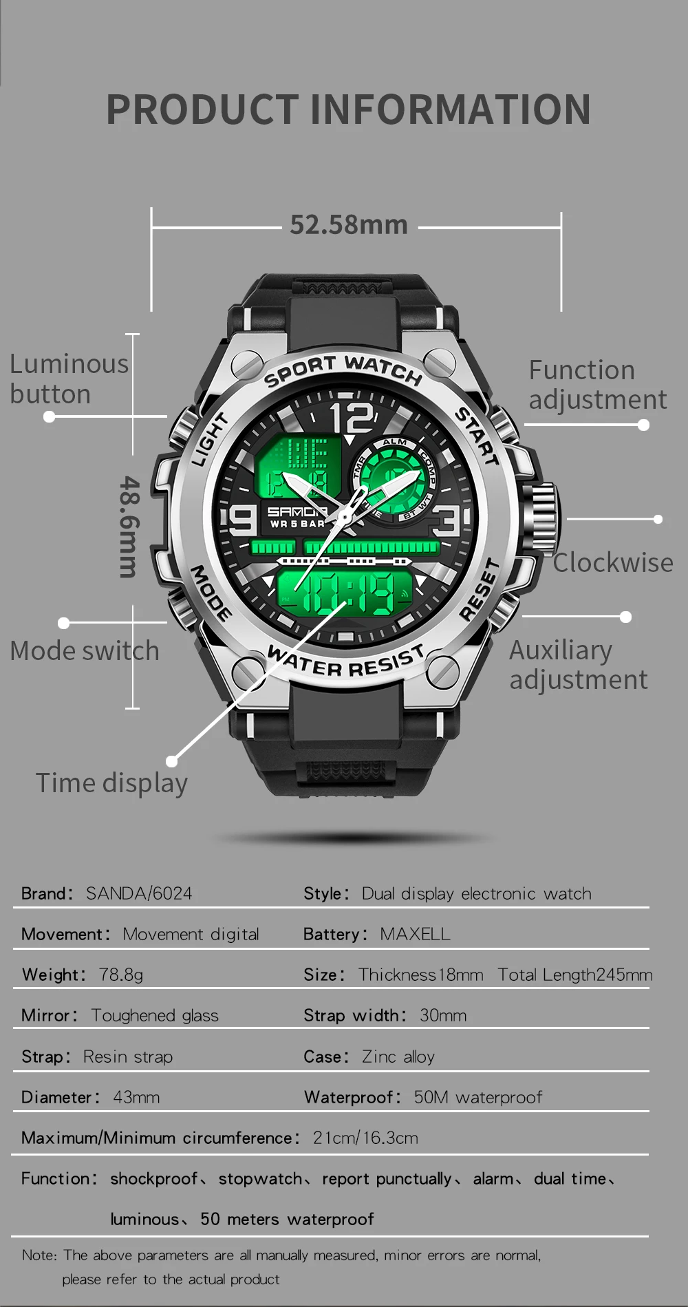 Sanda men’s watch waterproof special forces sports student trend luminous multi-functional electronic wrist watch digital nurses watch