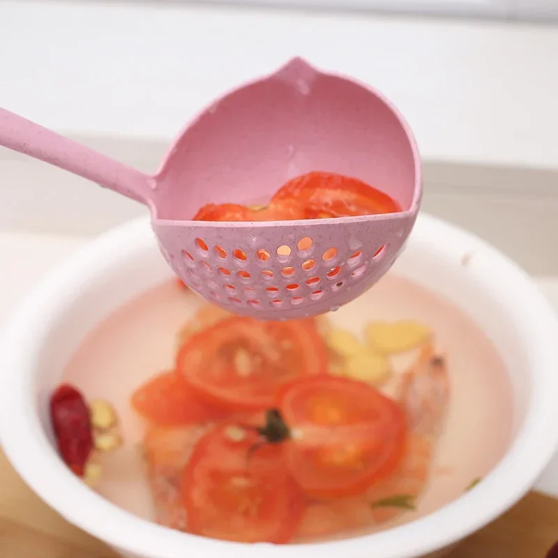 Serving Spoon 2 in 1 Soup Wheat Straw Long Handle Straining Ladle Pan with Filter Strainer Kitchen Utensils