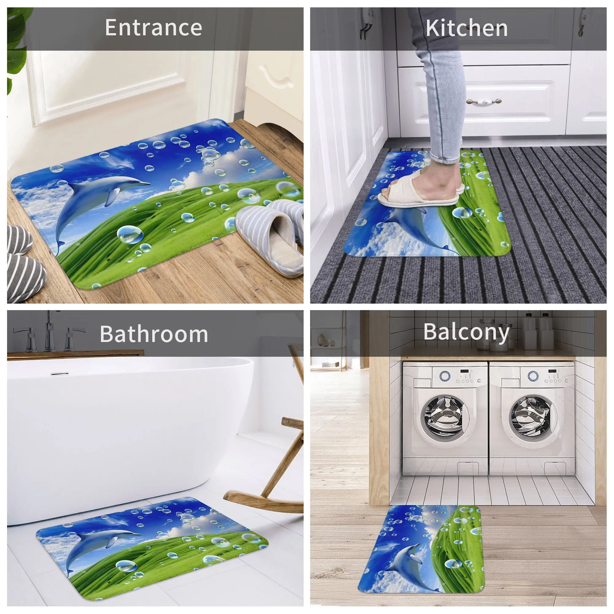 Frutiger Aero Dolphin and Mountains and Sky 미끄럼 방지 도어매트 바닥 매트 주방 입구용 러그 홈 침실 발판 매트