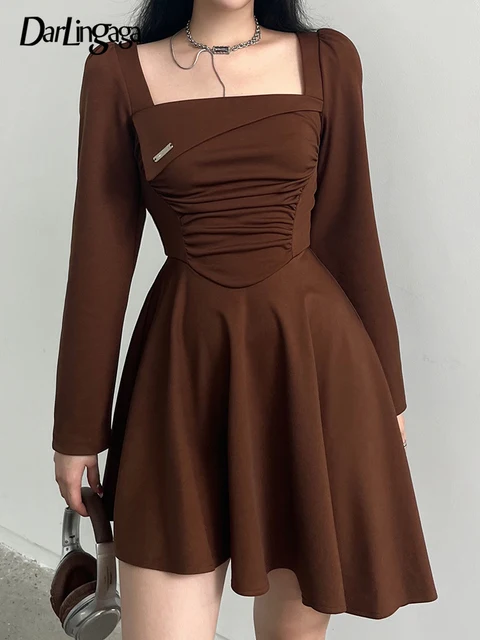 Square Neck Dress Brown | Brown Dress Women | Korean Chic Dress | Dresses  Party - Korean - Aliexpress