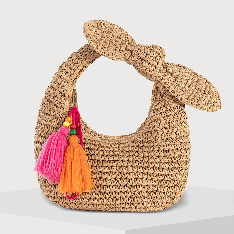 Fashion Trend Knotted Straw Woven Handbags 2025 New Women Hand-Woven Rattan Evening Clutch Bags with Bow Dumpling Banquet Purses