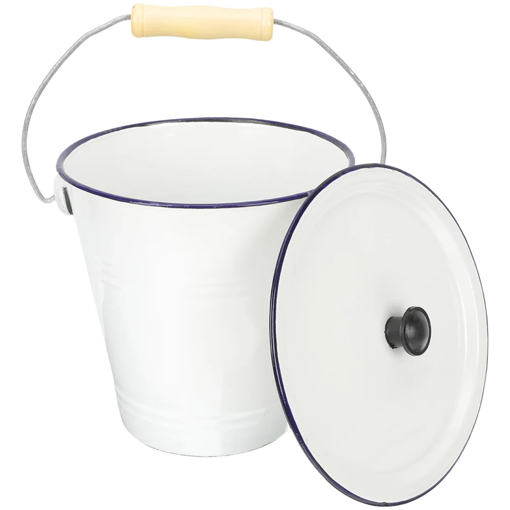 

Buckets White Trash Can with Lid Enamel Ice Drinks Laundry Room Organization and Storage