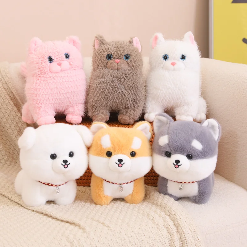 25cm Cute Fluffy Cat Plush Toy Stuffed Big Head Bichon Dog Plushies Doll Kawaii Lifelike Animal Soft Toys for Kids Girls Gifts