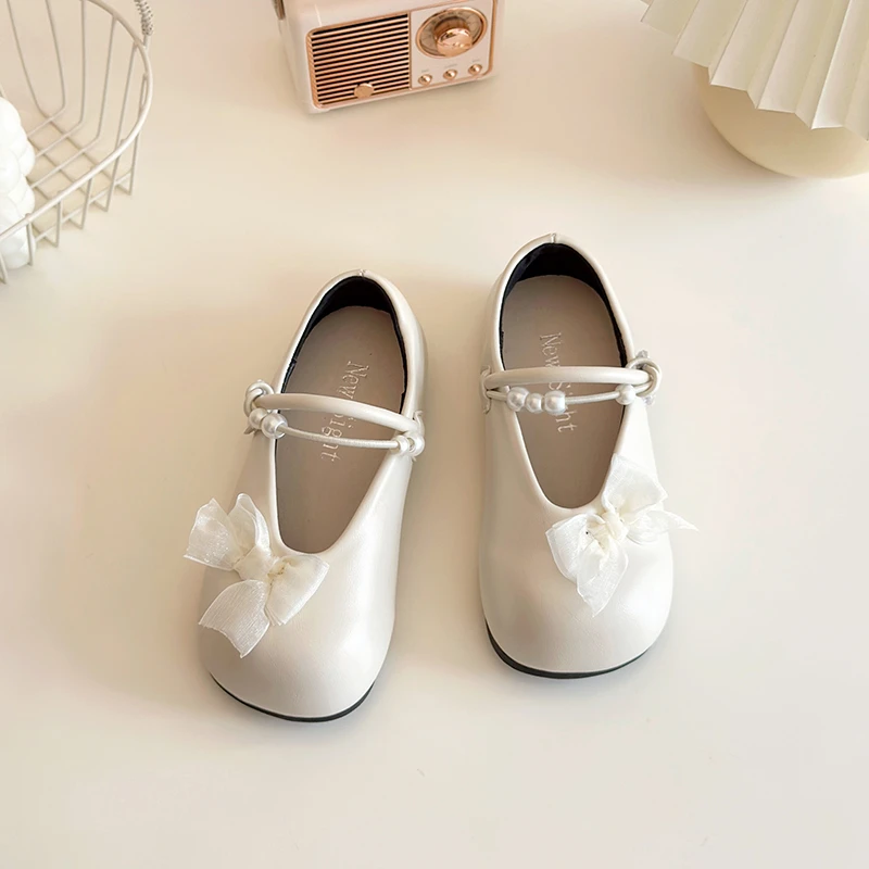 Girls Spring Summer Bownot with Pearls Leather Shoes Kids Fashion Soft Sole Sandals Stage Performance Shoes