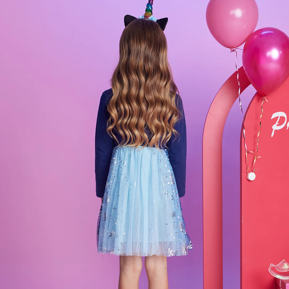 VIKITA Mädchen Weihnachten Neujahr Party Geschenk Kleid mit Schleife Kinder Stern Schneeflocken Druck Marineblau Herbst Winter Prinzessin Kleid – Detail 5