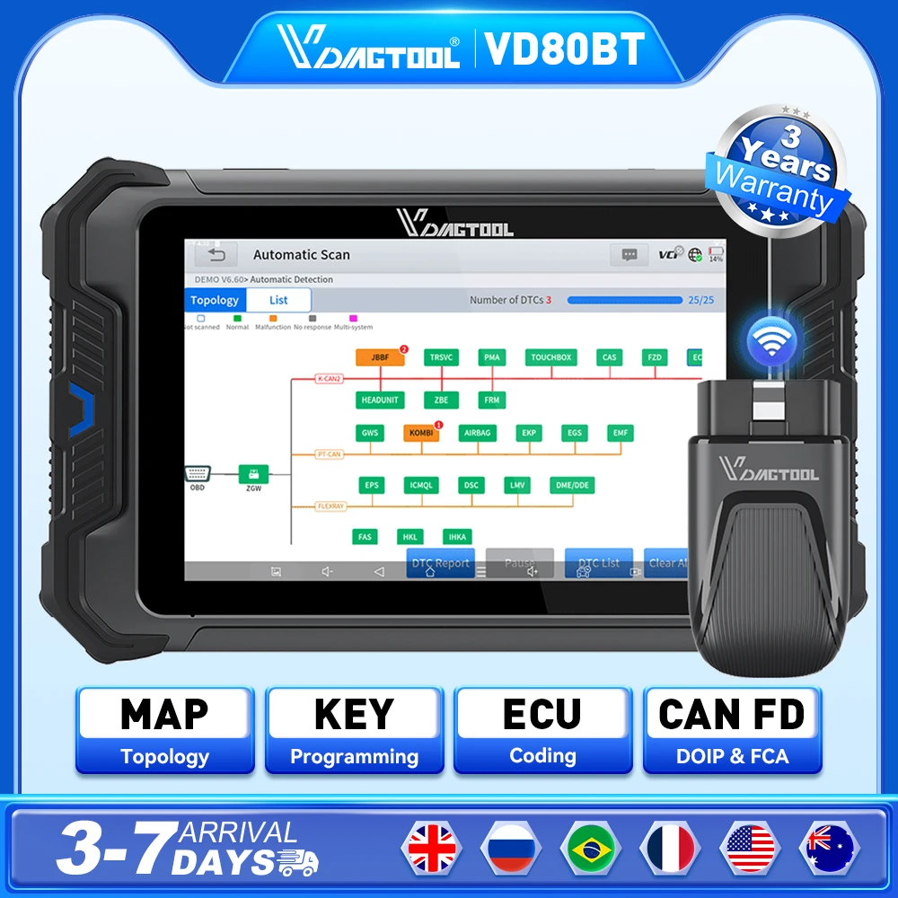 VDIAGTOOL VD80BT Auto-Diagnosegerät Topologie-Karte Schlüsselprogrammierung 41+ Rücksetzfunktionen Alle Systeme Aktiver Test FCA ECU 3 Jahre Kostenlose Updates