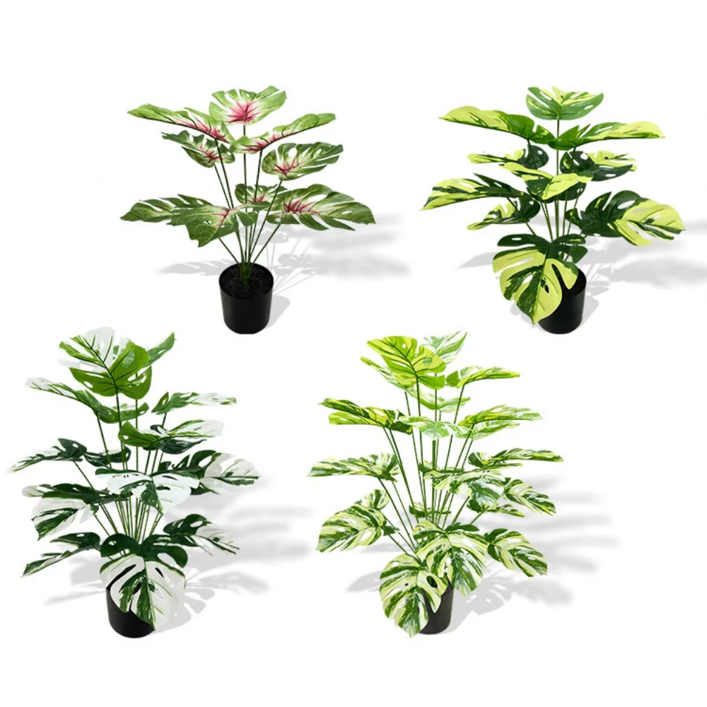 Artificial Plants Turtle Leaf Hyphosis Big Artificial Plants White Green Leaves Bonsai Simulated Plant Potted For Room Decor Home Garden Desk Orna