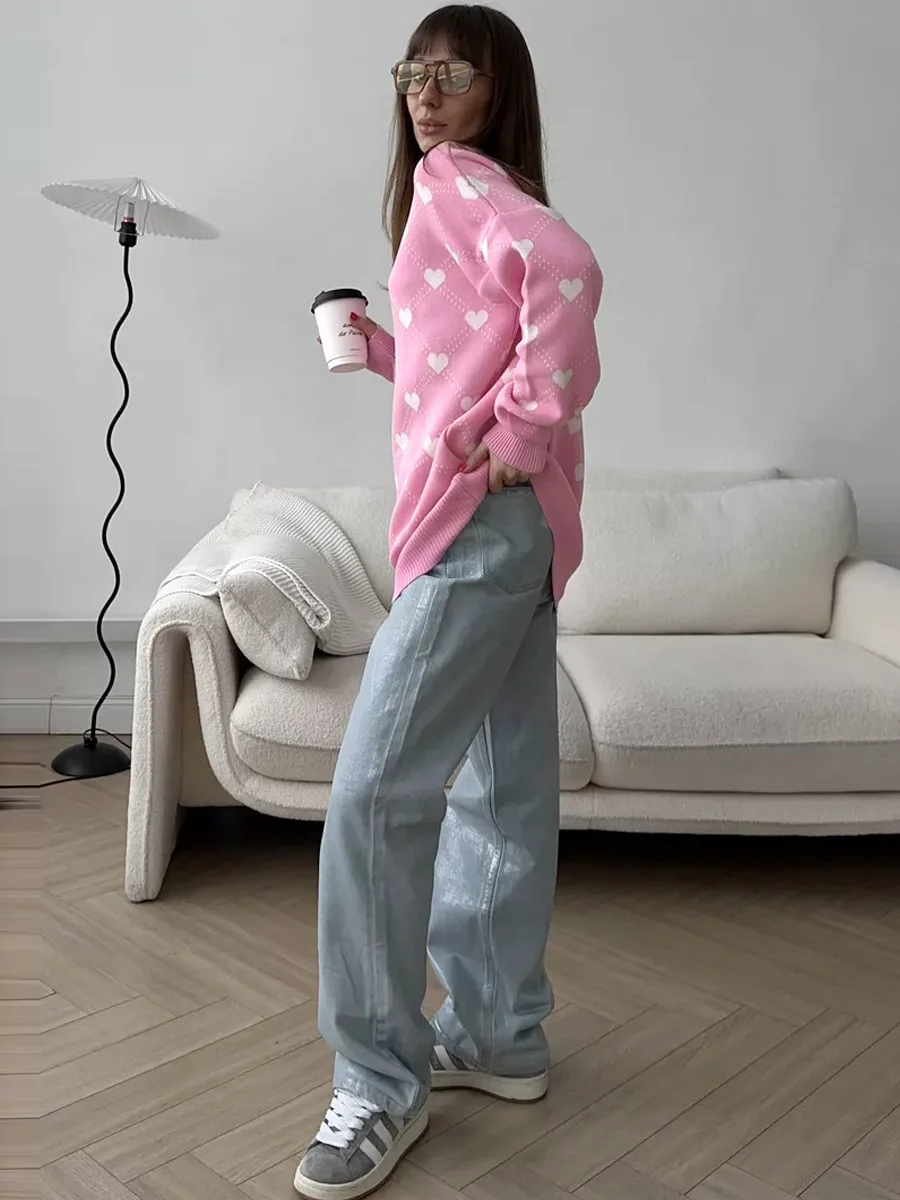 Autumn Printed Knitwear Pullover For Women Casual Patchwork Long Sleeve Contrast Loose Top Clothes Female Knit Pullover