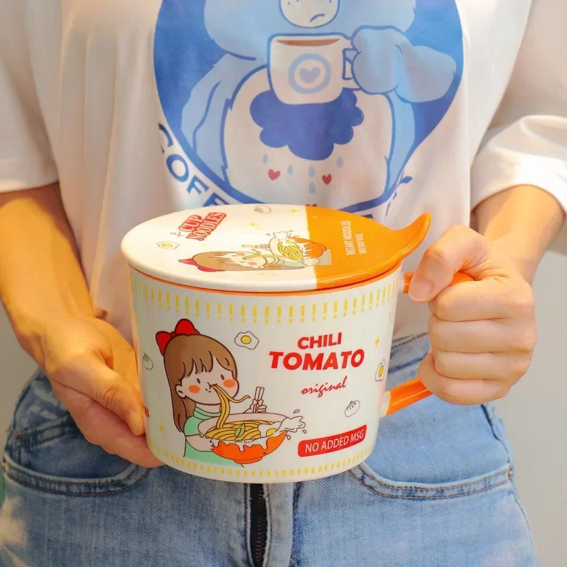 

With Noodle Office Cover Cartoon Cup Student Box Salad Lunch Bowl Boy Girl 950ml Instant Bowl Handle Ceramic Soup