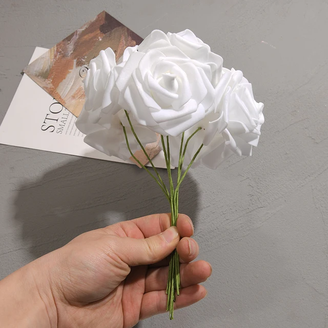Rose artificielle PE blanche, 50 pièces/paquet, tête de fleur avec tige, Bouquet de bricolage, décoration de fête de mariage, fournitures pour Scrapbook 5