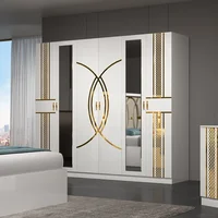Suite de chambre de luxe avec lit + armoire + commode à bordure dorée géométrique 5