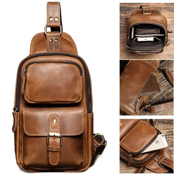 Men’s Retro Genuine Leather Top Layer Cowhide Shoulder Bags Waterproof Crossbody Travel Sling Messenger Pack Chest Bag for Male