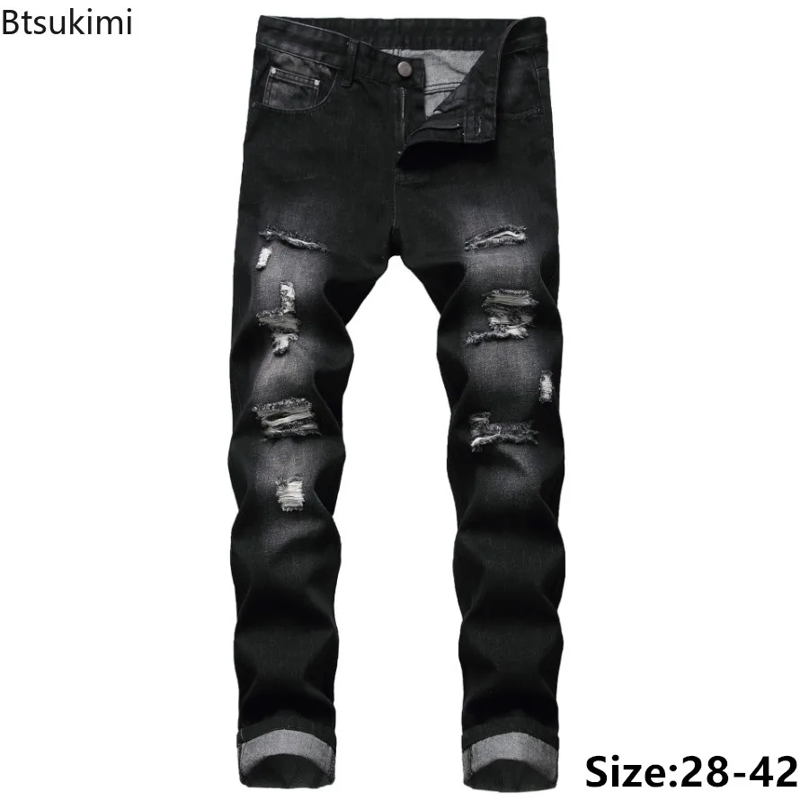 

2024 New Men's Casual Jeans Fashion Holes Patchwork Straight Pants Trend Streetwear Men Comfort All-matches Slim Denim Trousers
