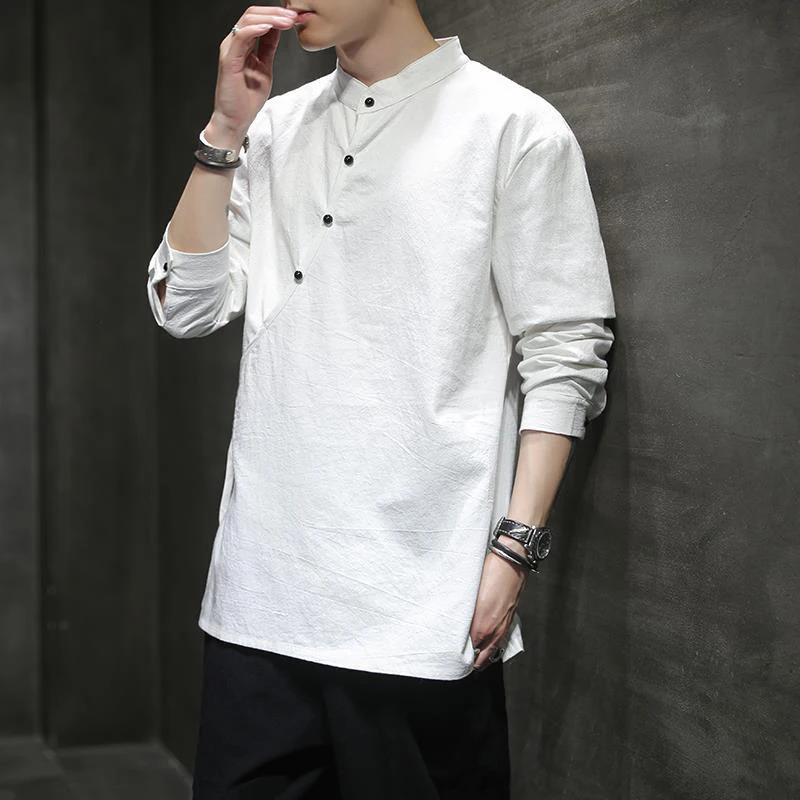 

Chinese Style Fashion Cotton Linen Long Sleeve O Neck Men T Shirts Teenager Hanfu Harajuku 2xl Oversized Casual Clothing White