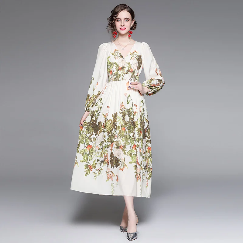 

Puff Sleeve Pleated Dresses Women Retro Elegant Art V-neck Slim Printed Dress (Lining) A-LINE Sashes Mid-Calf Long Sleeve Dress