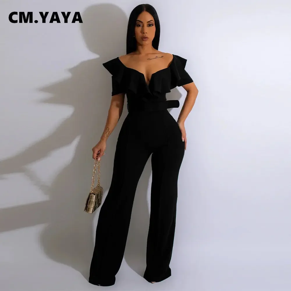 CM.YAYA 빈티지 여성 나비 소매 지퍼 백 허리띠 허리 스트레이트 와이드 다리 Jumpsuit 2023 파티 이브닝 원피스 세트