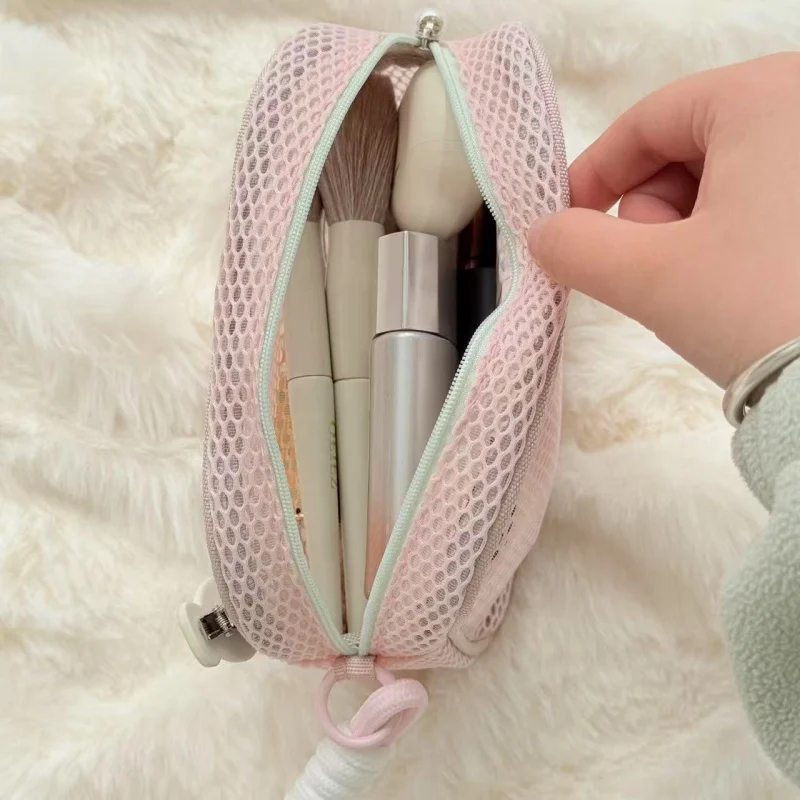 Tofu Block Mesh Cosmetic Bag High Appearance Dopamine Pearl Zipper Large Capacity Portable Travel Toiletry Bag