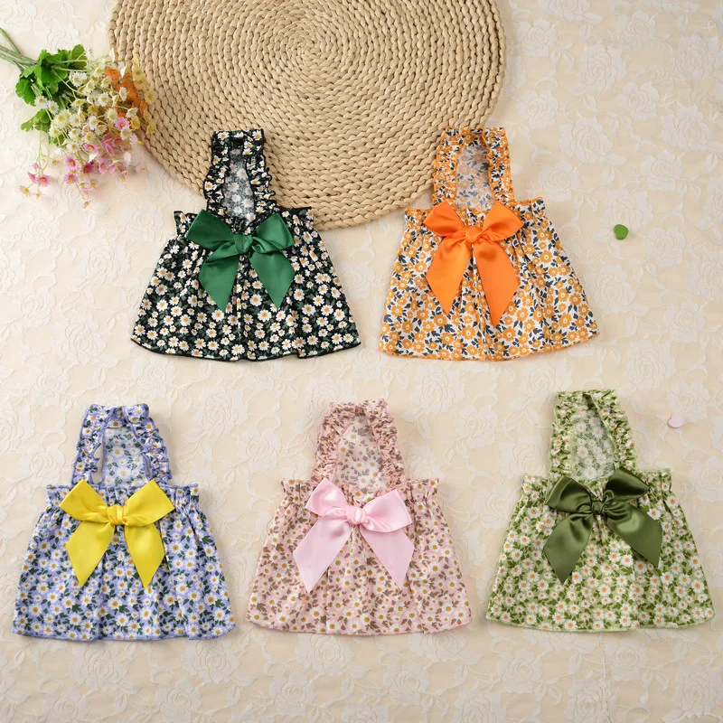Dog Halter Dress with Bow Spring Summer Small Daisy Shoulder Strap Puppy Dresses Cotton Cat Princess Dress Dog Lady