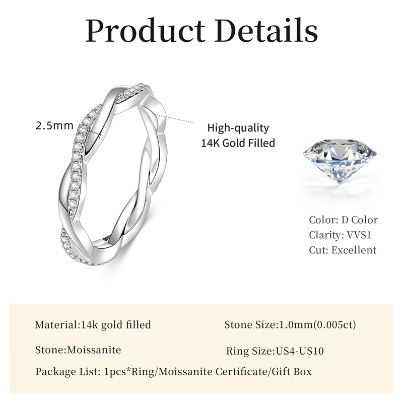 Lnngy Moissanit-Verlobungsring für Damen, 14 Karat Gold gefüllt, Eternity-Eheringe, funkelnder Fingerschmuck, Geschenk – Detail 2