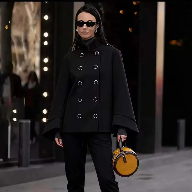 2025 Women Jacket Fashion Double-Breasted Short Coats Women Casual High Street Batwing Long Sleeve New Jackets Outerwear