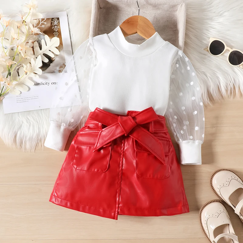

Girls Skirt Outfits Mesh Long Sleeve Mock Neck Tops and PU Leather Mini Skirt Set 2 Piece Autumn Clothes for Party